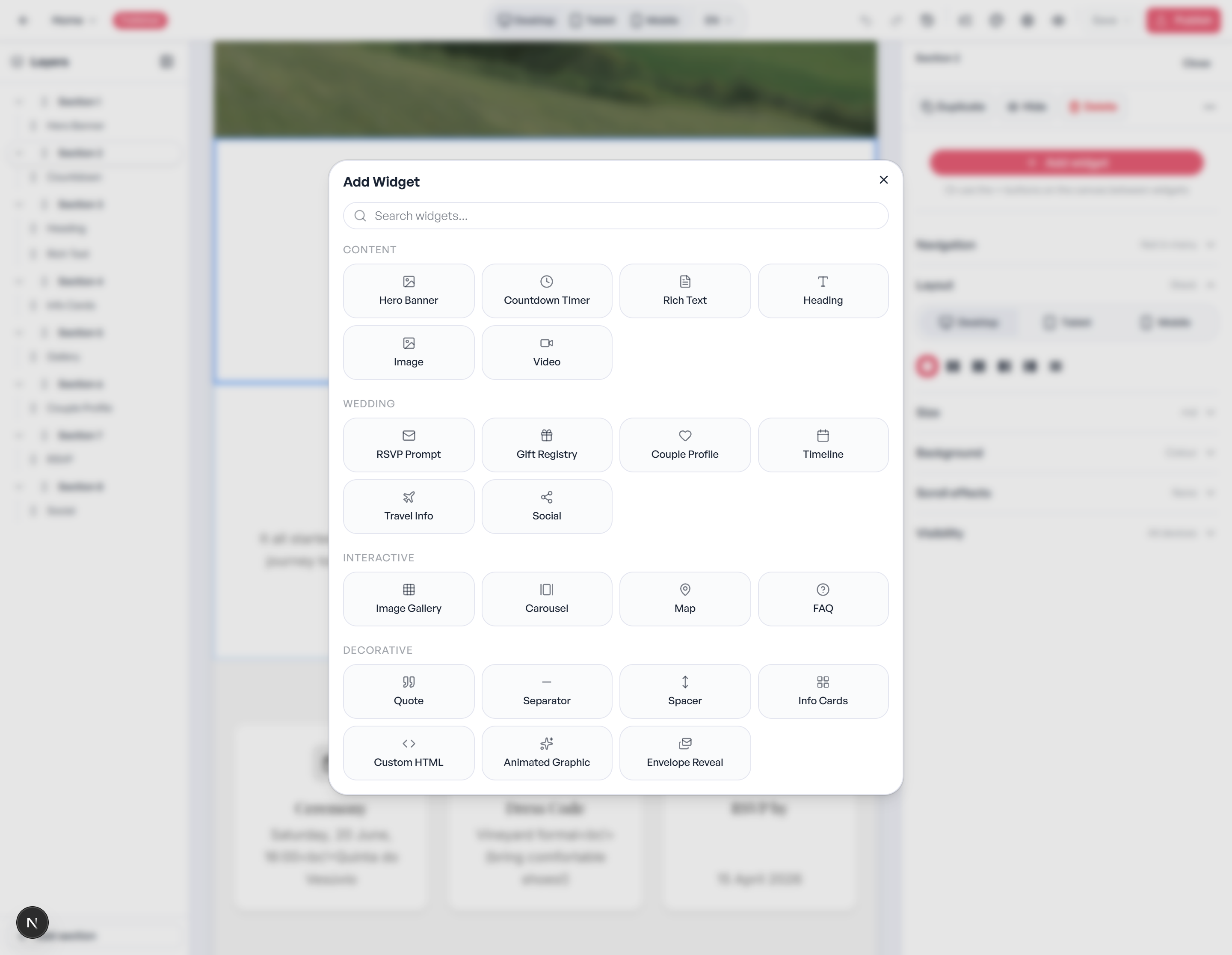 Page builder editing a countdown widget on the home page