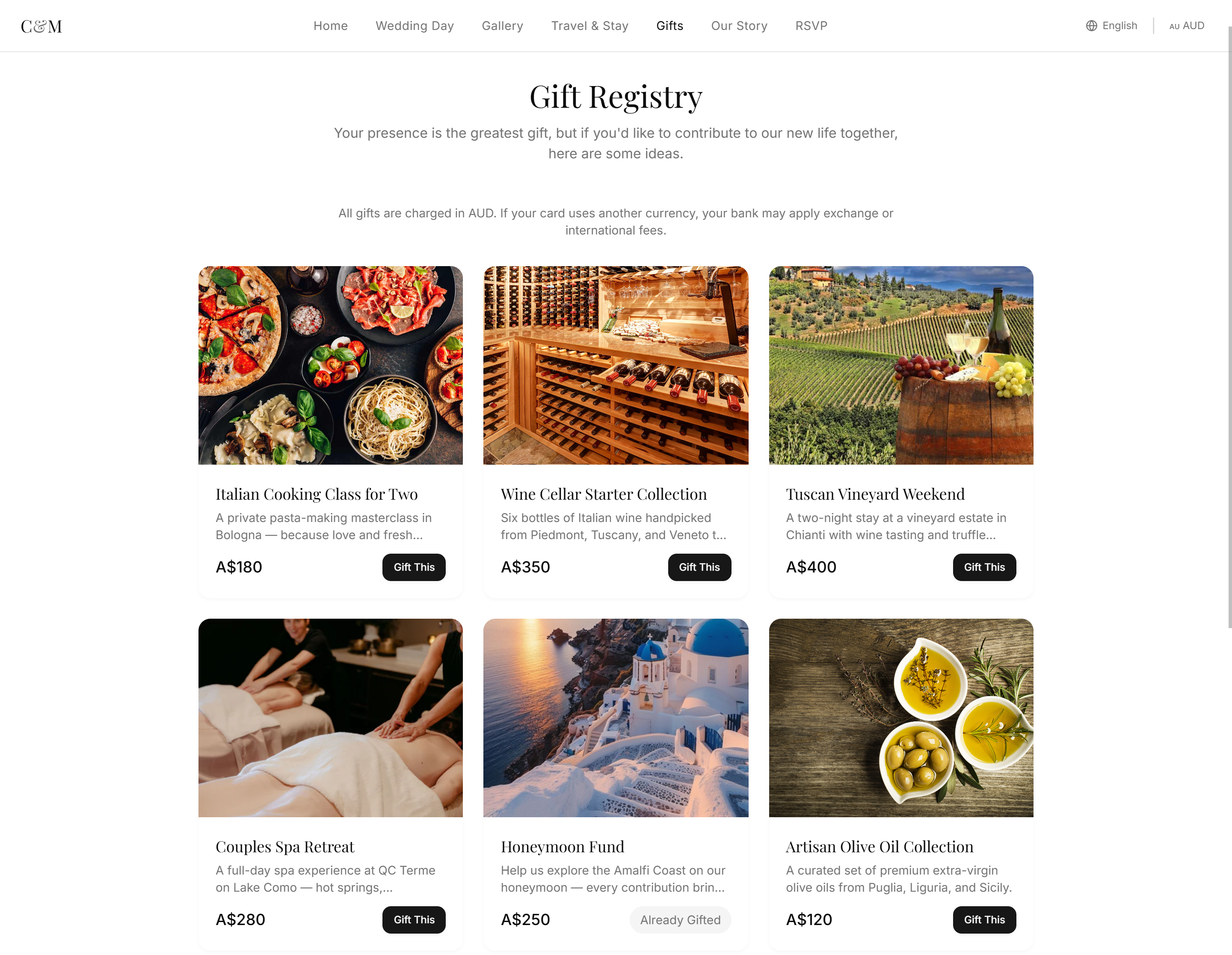 Gift registry page on a couple wedding website