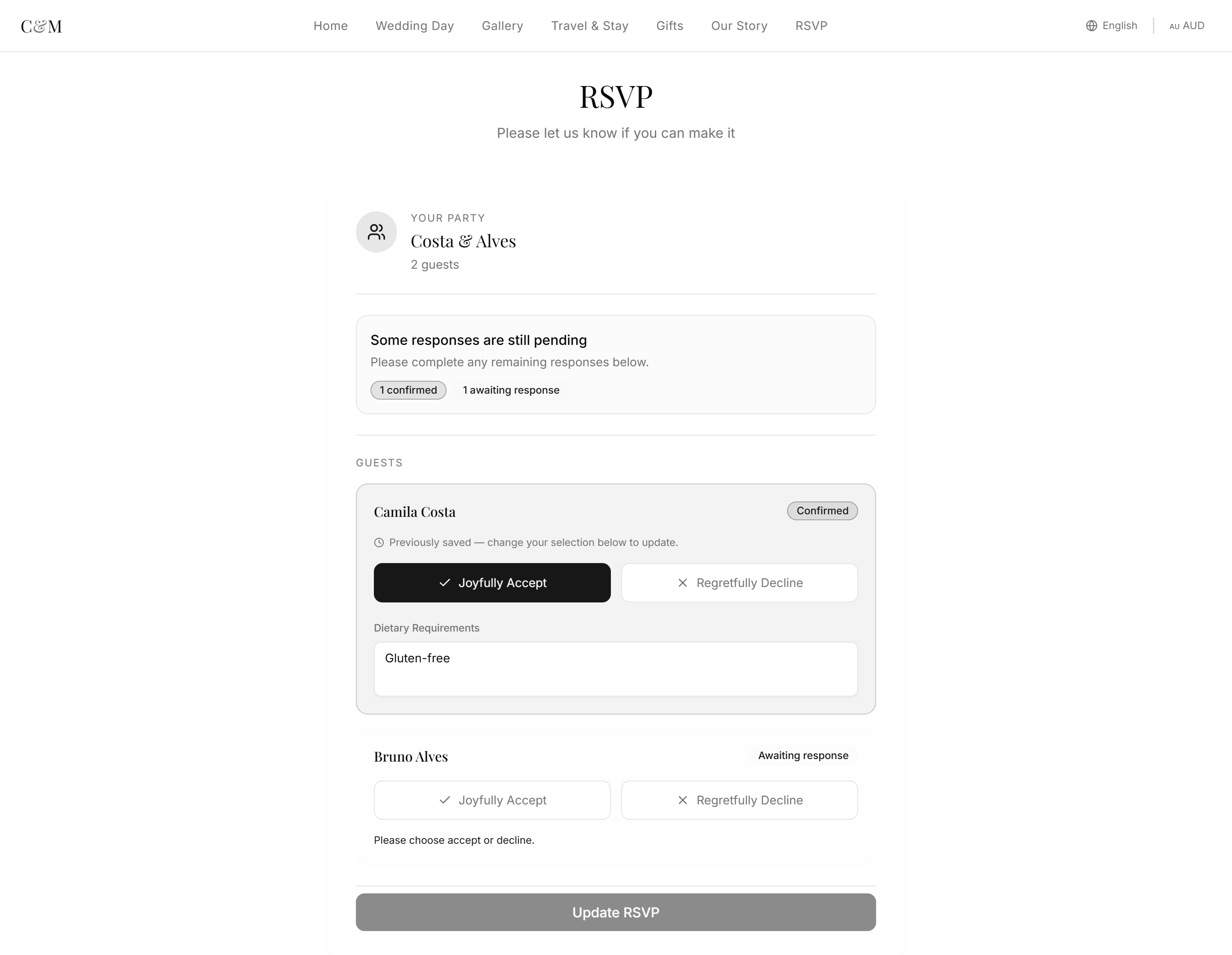 Guest RSVP page on a couple wedding website