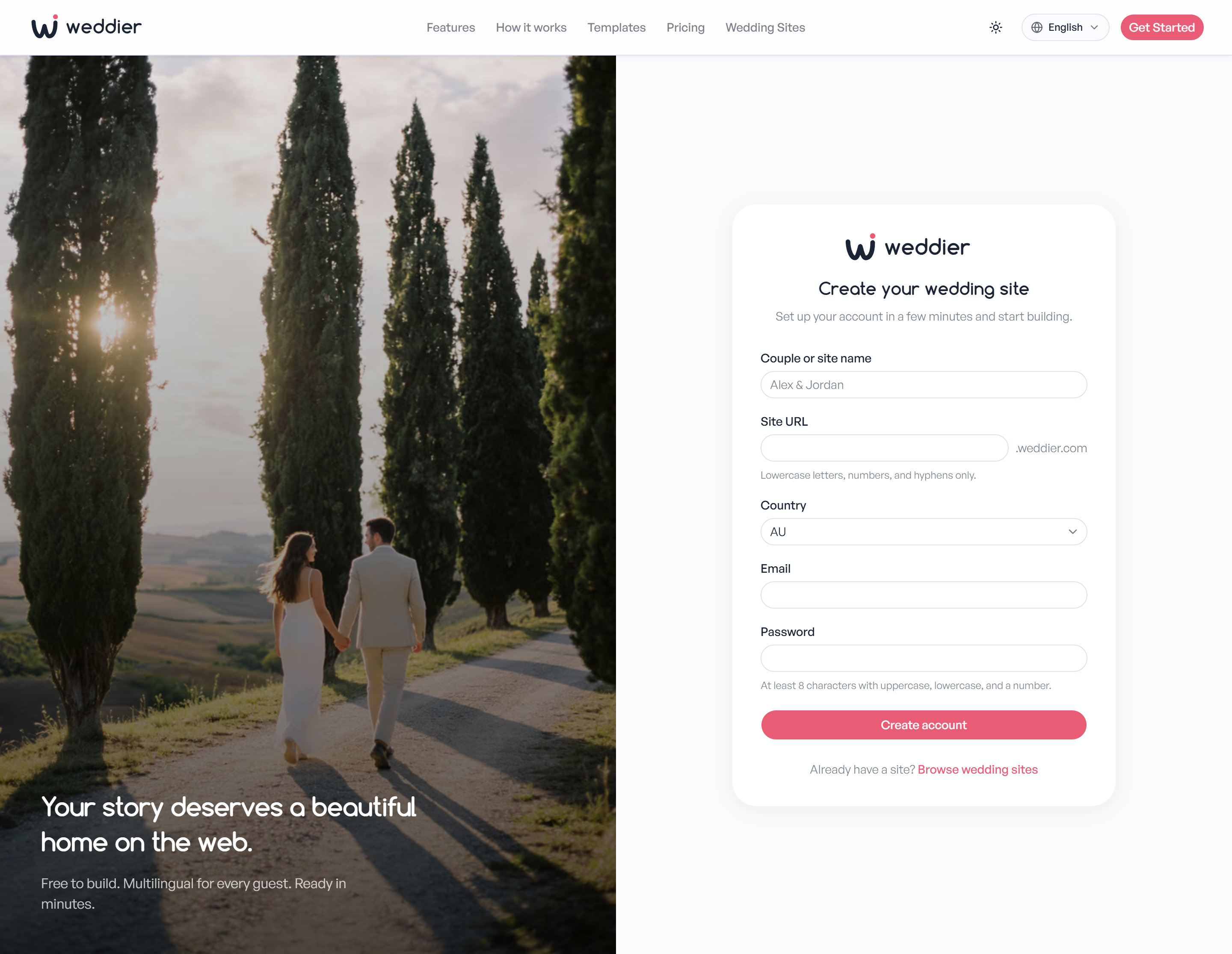 Weddier sign-up form for creating a new wedding site